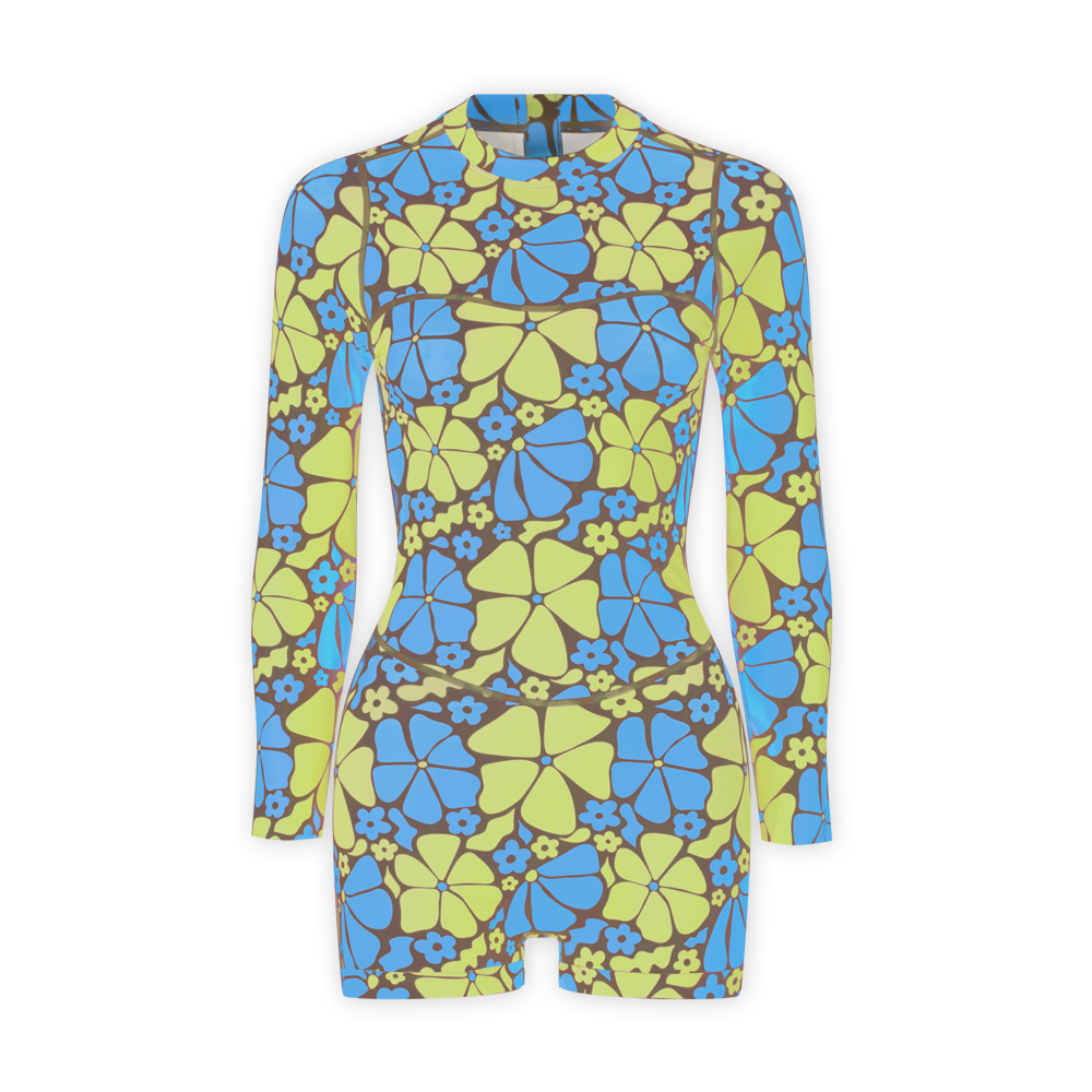 A one-piece swimsuit with a colorful floral pattern, featuring a boyleg design with a zip-back closure.